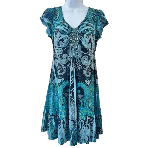 Y2K Green Paisley Butterfly Fairy Flutter Dress Sz P Small Beaded V-neck APT 9 - Picture 1 of 12